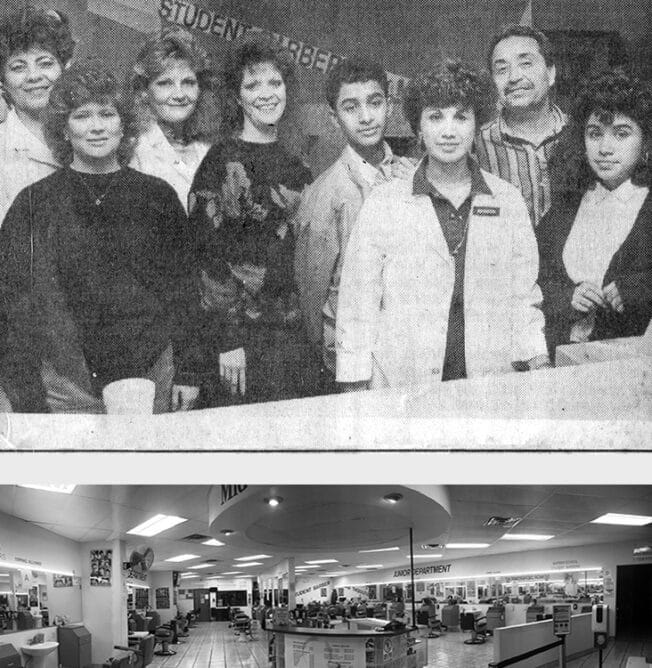 Archival collage showing a group at the college and the barbering floor