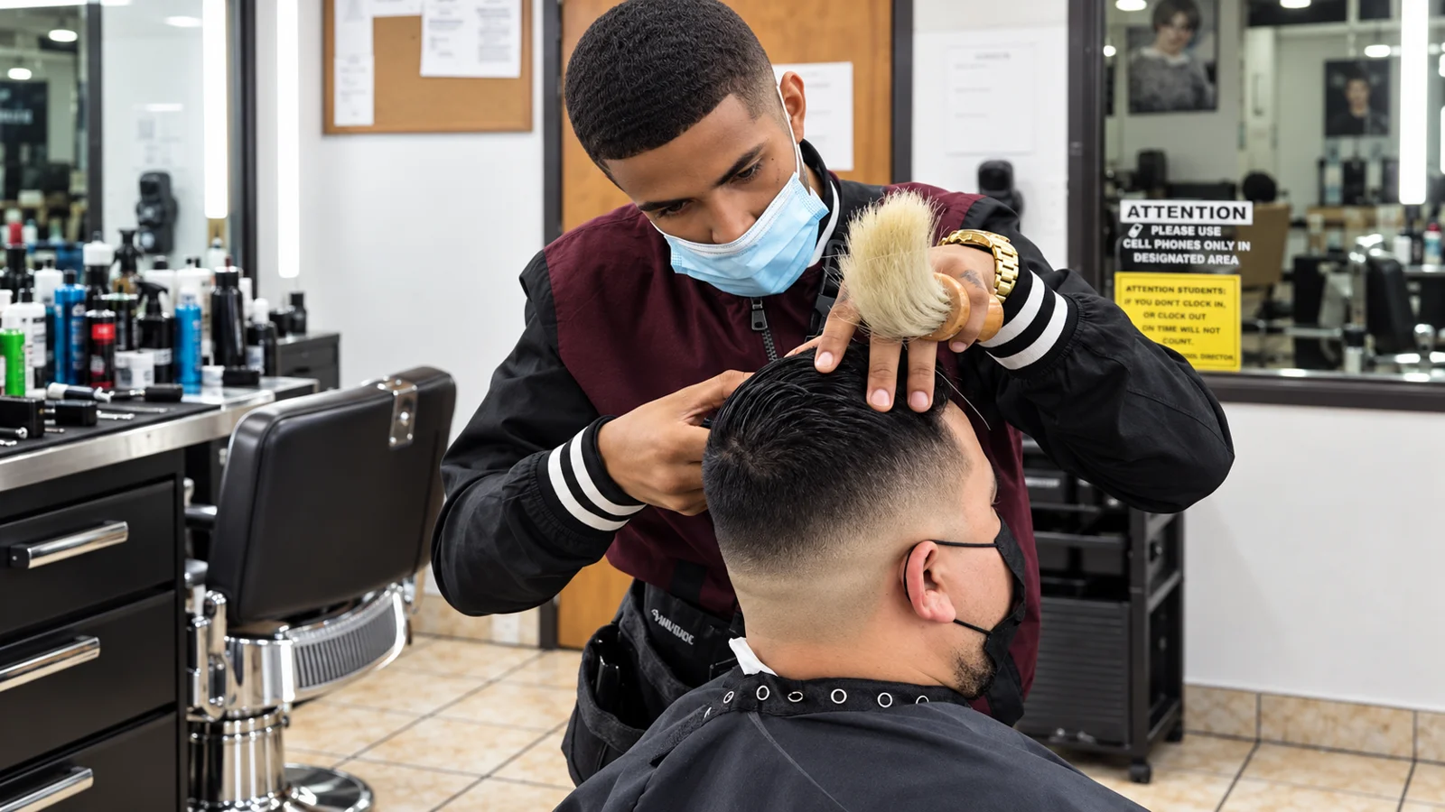 Barber student carefully shaping a client’s fade