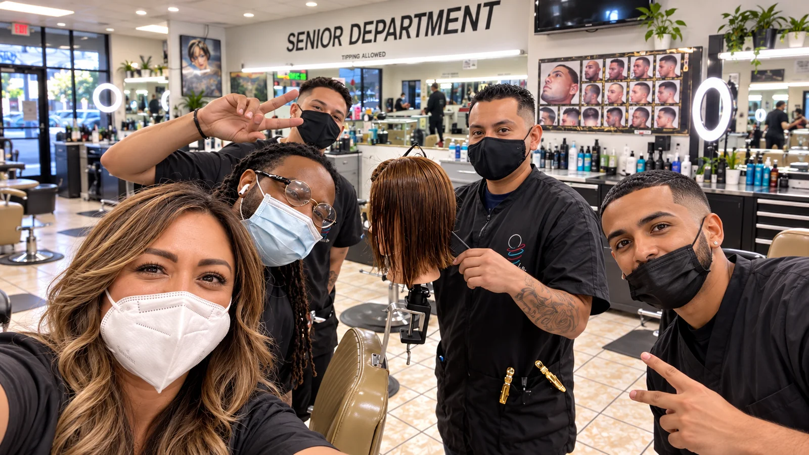 Mid Cities barber students practicing together in the college shop